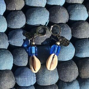 Sapphire Blue Cowrie Seashell Earrings